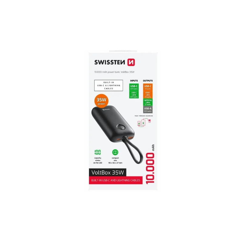 SWISSTEN powerbank Voltbox 35 W 10 000 mAh avec câble intégré USB-C et Lightning
