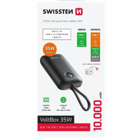 SWISSTEN powerbank Voltbox 35 W 10 000 mAh avec câble intégré USB-C et Lightning