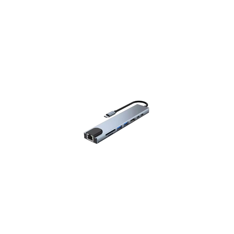 Hub USB-C (8-en-1) vers HDMI 4K + Ethernet RJ45 + USB-C x2 + USB-A x2 + SD/TF(micro SD) - Gris