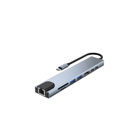Hub USB-C (8-en-1) vers HDMI 4K + Ethernet RJ45 + USB-C x2 + USB-A x2 + SD/TF(micro SD) - Gris