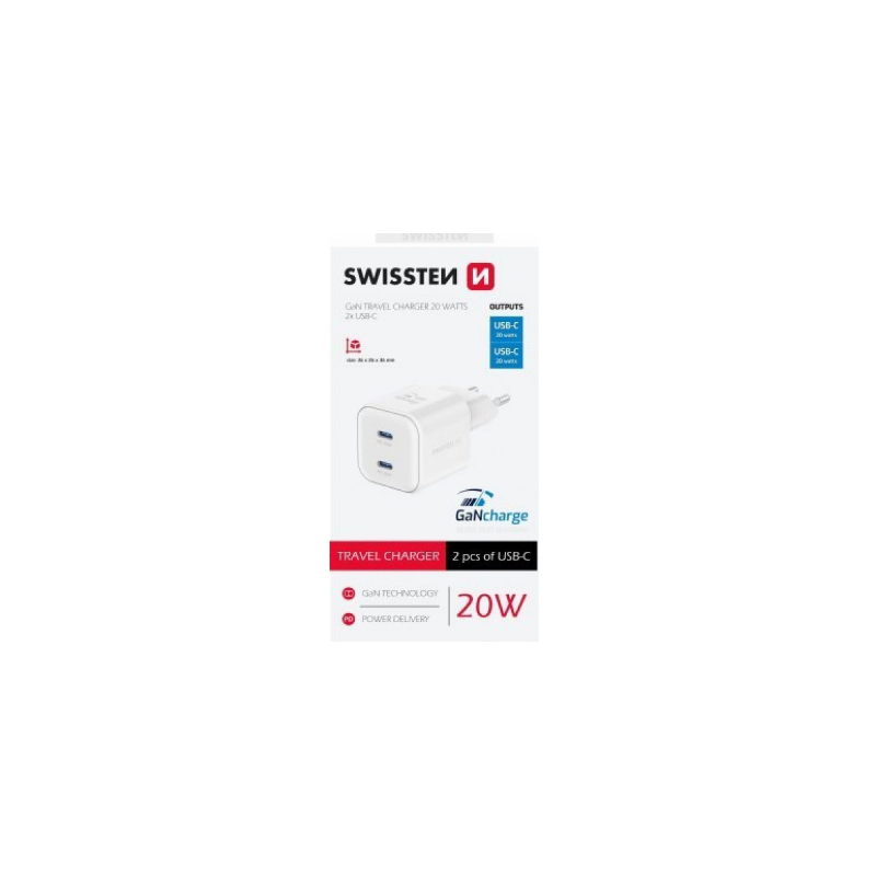 Chargeur Swissten Travel 2 USB-C 20 W